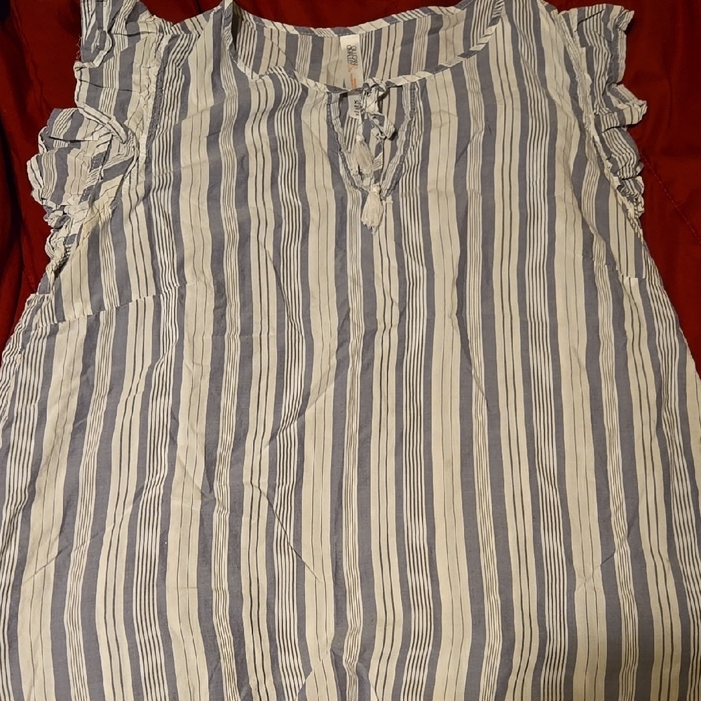 Blue and White Striped Ruffle Sleeve Top